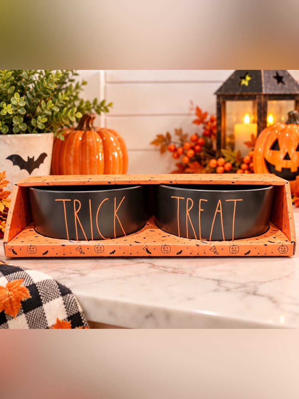NEW Rae Dunn Halloween Set Of 2 6”Inch Pet Bowls ‘TRICK and TREAT’
